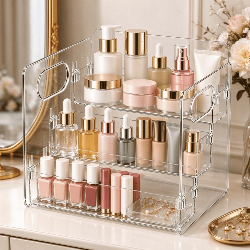 منظم مكياج أكريليك شفاف بثلاث  - مراجعة Home Essentials Bathroom Storage وسعره